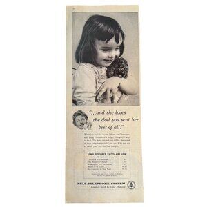 Vintage 1960 Bell Telephone System Girl with Doll Long Distance Ad Print